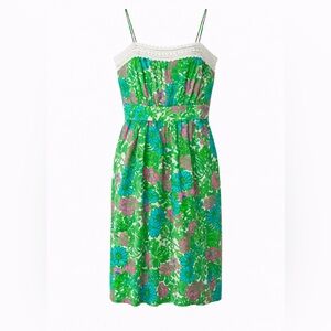 Milly of New York Green Floral Lace Trim Sundress Preppy Resort Chic Size 10